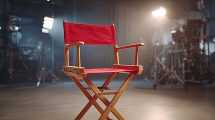 Director's chair on set, cinematic lighting, film industry, production stage with spotlight, ready for filmmaking