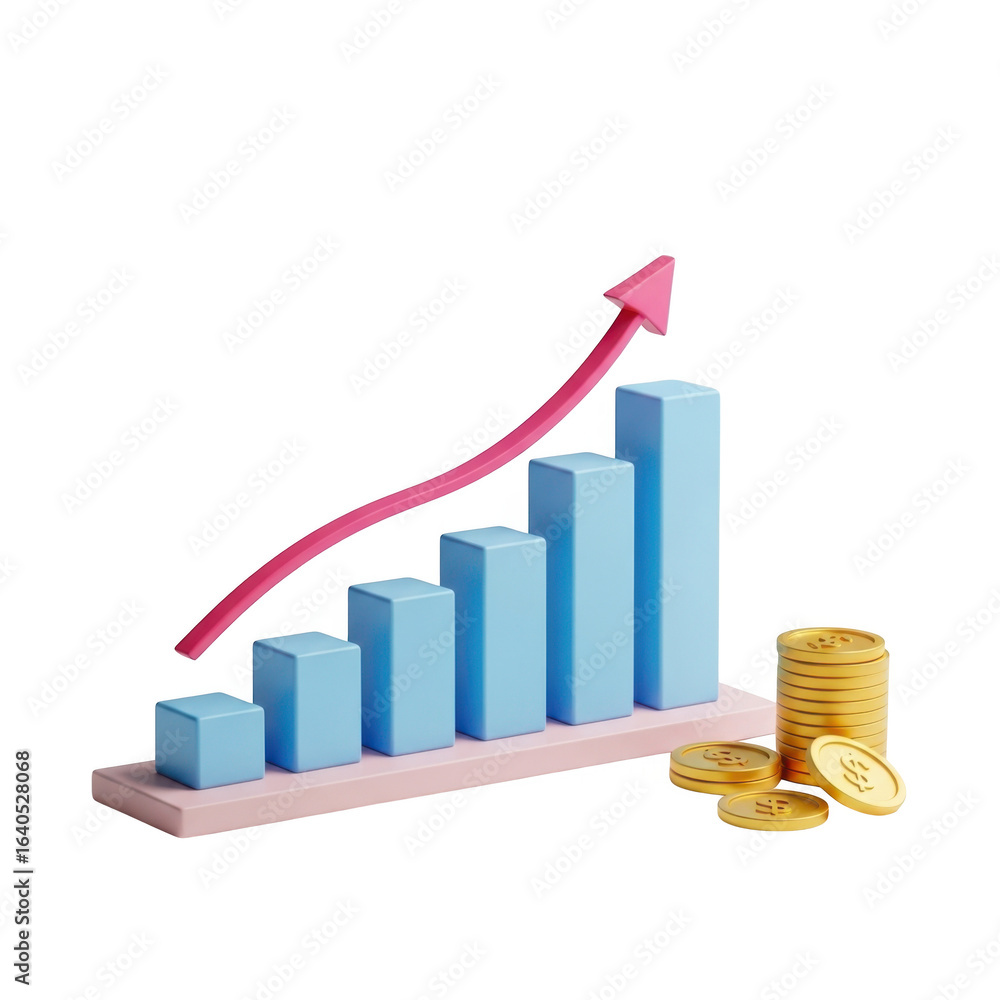 Poster 3d bar chart with upward arrow and coins isolated on transparent background
