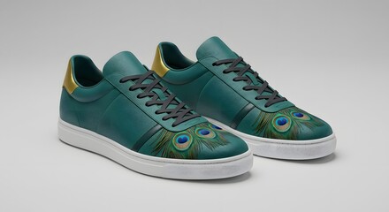 Designer Sneakers with Peacock Feather Motif and Gold Accents