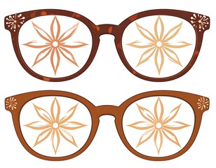 Two pairs of round tortoiseshell glasses reflecting stylized flowers