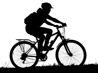 Fototapeta premium Silhouette of a person wearing a helmet and backpack riding a bicycle on a grassy terrain against a white background