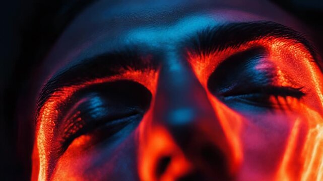Face scanning technology creating glowing red lines on skin in dark room