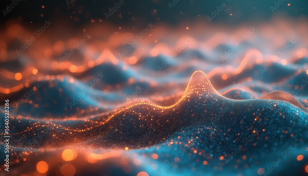 Poster abstract digital art of wave-like structures with orange and blue particles
