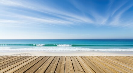 Fototapeta premium Scenic Beach View with Wooden Deck, Azure Sea, and Clear Blue Sky Background
