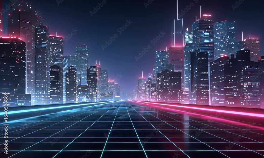 Poster digital background featuring neon lines on a dark city street, creating an immersive and futuristic 