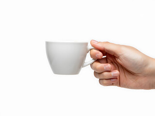 Hand holding a white ceramic coffee cup against a clean white background