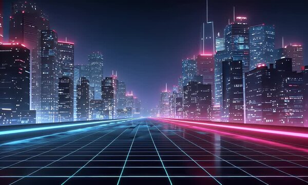 
Digital background featuring neon lines on a dark city street, creating an immersive and futuristic atmosphere for product display in the style of cyberpunk.