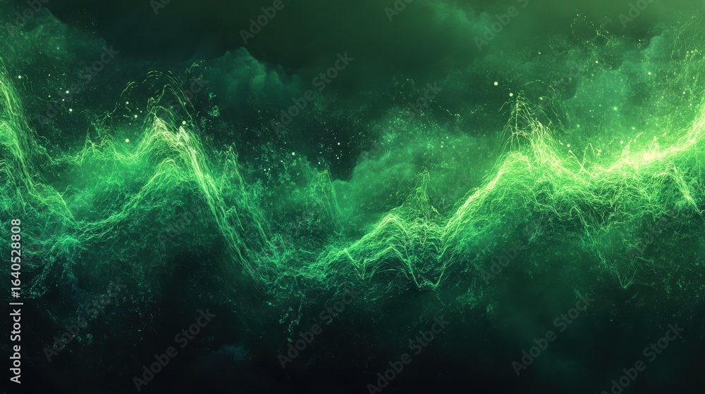 Poster glowing green abstract light patterns in dark digital environment