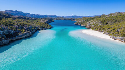 Fototapeta premium Turquoise waters flow between lush green hills, creating stunning natural landscape