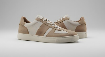 Naklejka premium Stylish beige and white leather and suede sneakers for men, clean product shot on a light grey background.