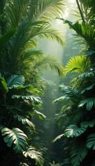 Fototapeta premium Lush tropical rainforest with sunlight filtering through leaves
