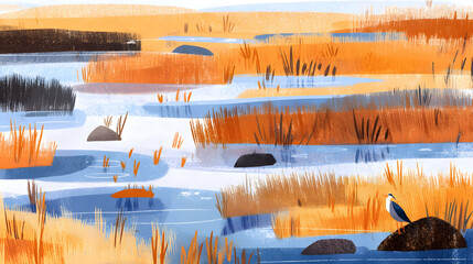 Stylized Graphic Art of a Heron by the Lake