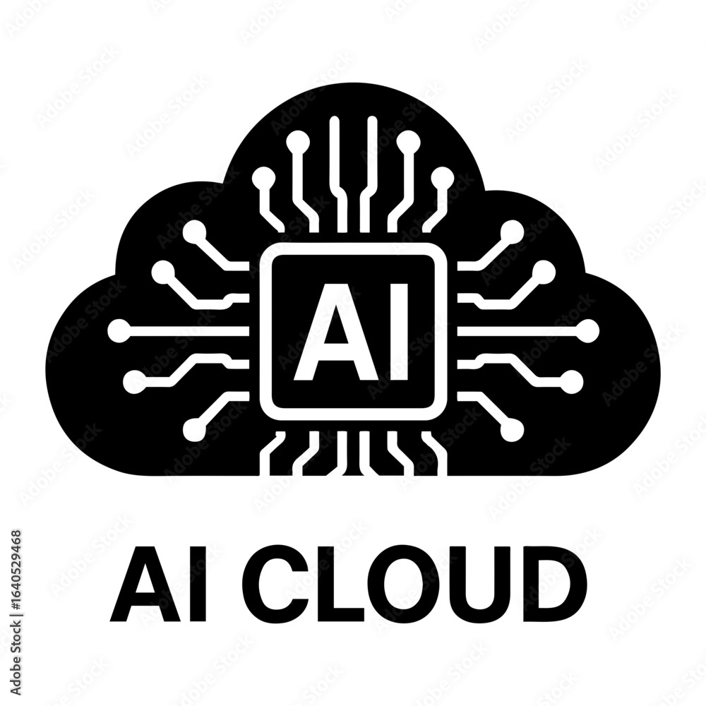 Poster vector ai icon illustration of a black ai cloud with a chip in the center and ai cloud text on trans