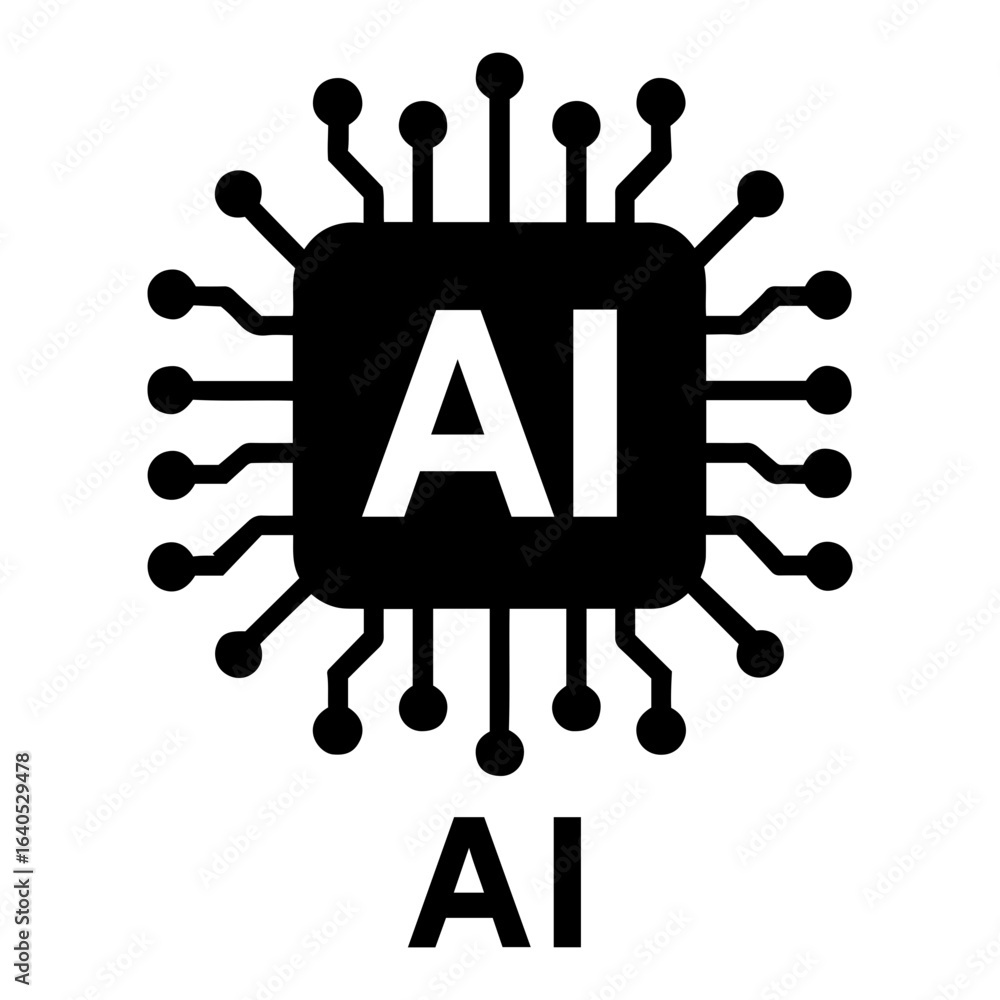 Poster vector ai icon illustration depicts a black ai symbol on a chip with connections and ai text on tran