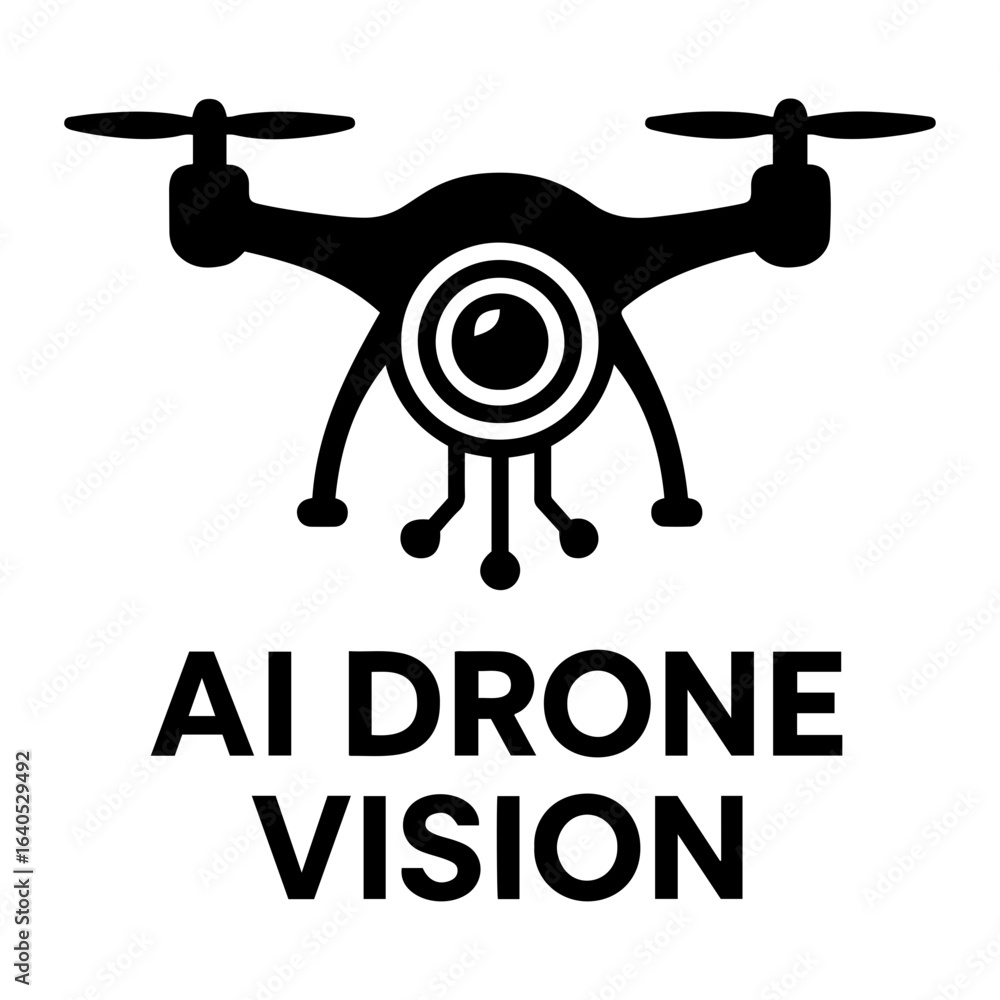 Poster vector ai icon illustration of a black ai drone with a camera and ai drone vision text below on tran