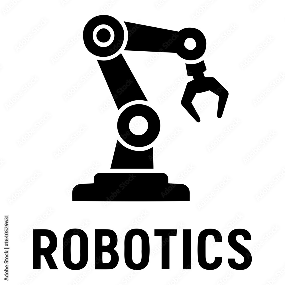 Poster vector ai icon illustration of a robotic arm with circular joints and a claw, labeled robotics on tr