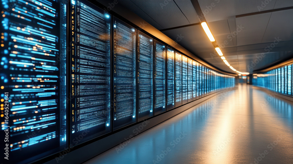 Poster futuristic data center corridor with illuminated server racks and glowing screens