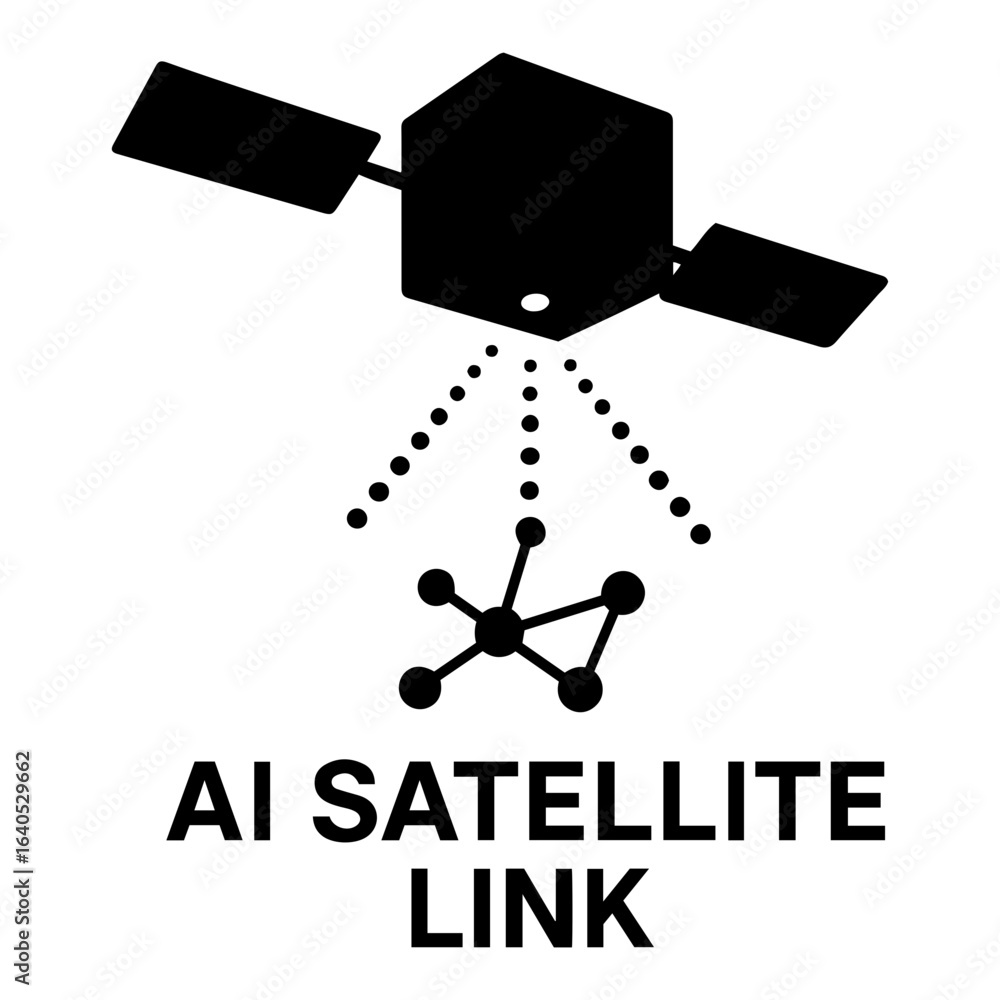Poster vector ai icon illustration of a satellite transmitting data to a connected network below it on tran