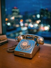 Retro rotary phone on windowsill, city lights out-of-focus