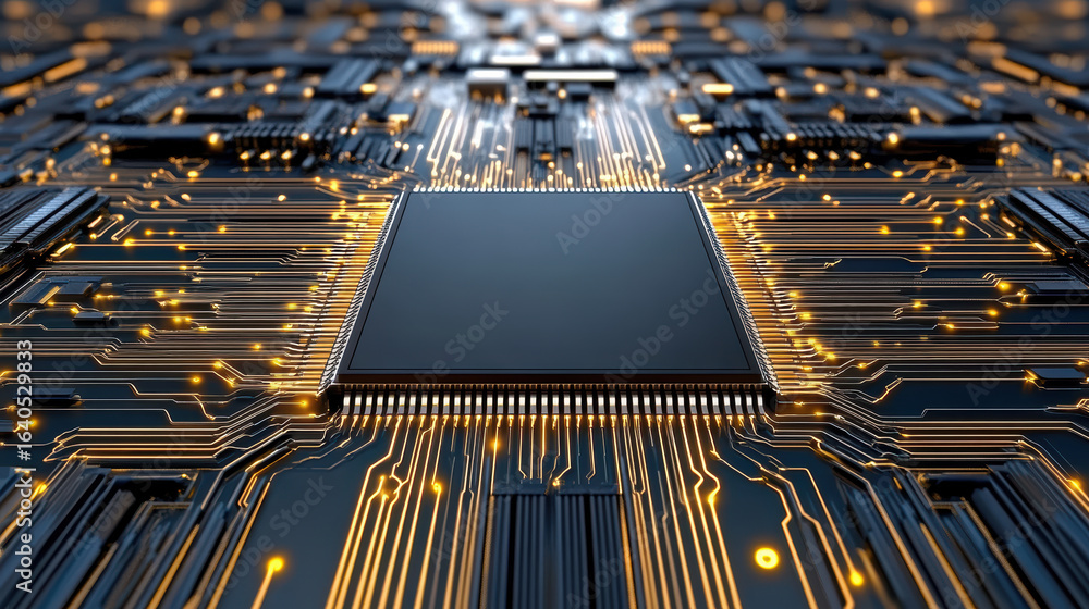 Poster high tech circuit board with glowing connections and central processing unit, showcasing