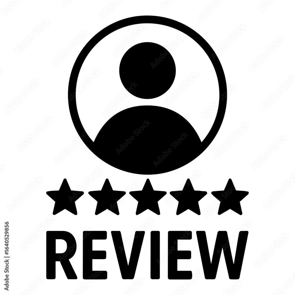 Poster vector review icon black user icon with five stars and the word review below in bold letters on tran