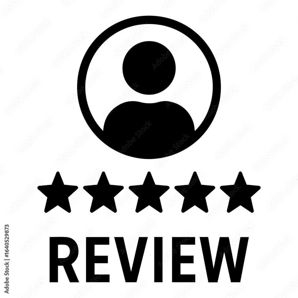Poster vector review icon icon depicting user review with five stars and a profile icon in black color on t