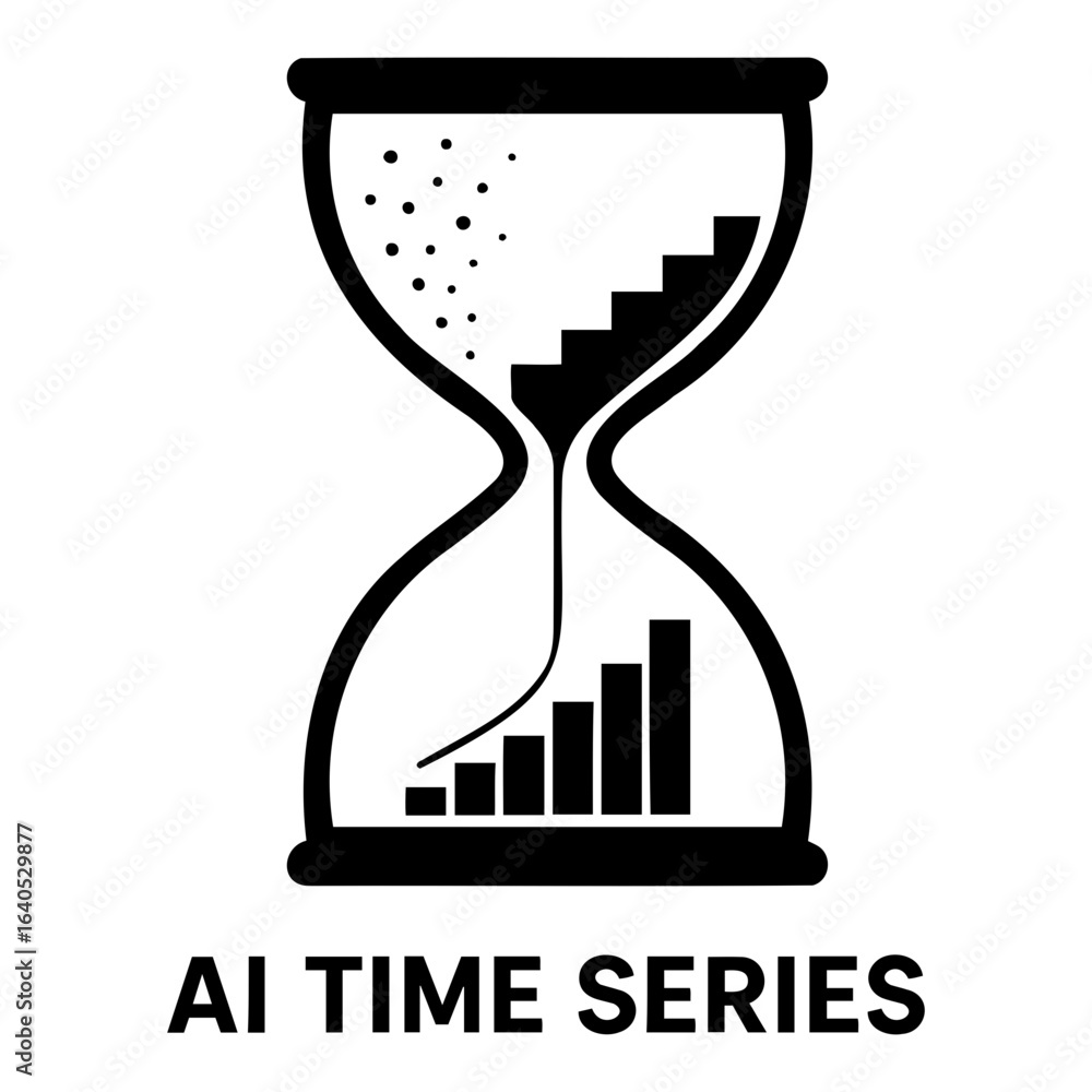 Poster vector ai icon stylized hourglass with stairs and dots above bars representing time series data on t