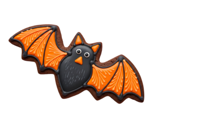 Delightful Halloween bat-shaped cookie with vibrant orange wings, perfect for festive celebrations and seasonal treats.