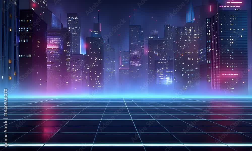 Poster digital background featuring neon lines on a dark city street, creating an immersive and futuristic 