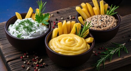 French Fries Trio: A Culinary Delight with Assorted Dipping Sauces for Food Photography