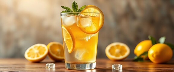Refreshing glass of iced lemon tea with ice cubes and lemon slices,  iced,  vitamin c