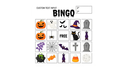 Spooky Halloween Bingo card featuring pumpkins, ghosts, bats, witches hats, spiders, black cats, tombstones, and more fun holiday icons