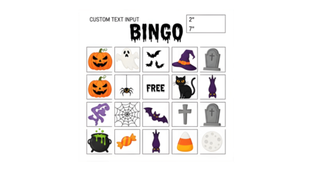 Spooky Halloween Bingo card featuring pumpkins, ghosts, bats, witches hats, spiders, black cats, tombstones, and more fun holiday icons