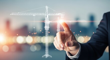 Fototapeta premium Digital Construction Blueprint: Businessman Interacting with a Futuristic Crane Hologram for Engineering Projects