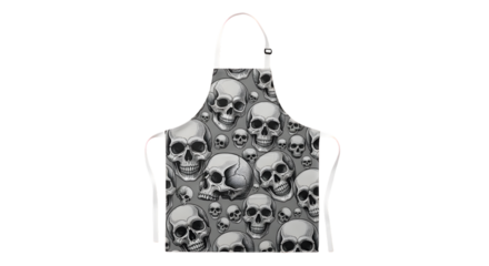 Bold apron design featuring a striking all-over skull pattern, perfect for making a statement in the kitchen or studio.