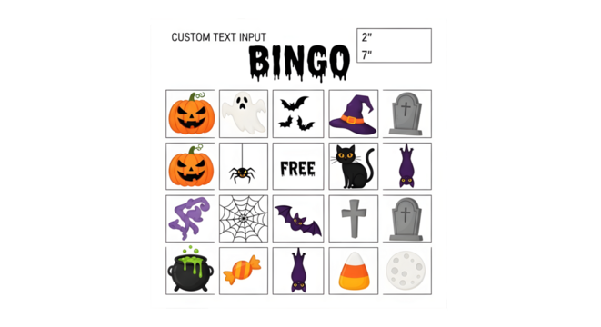 Spooky Halloween Bingo card featuring pumpkins, ghosts, bats, witches hats, spiders, black cats, tombstones, and more fun holiday icons