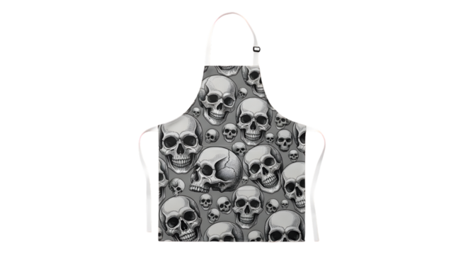 Bold apron design featuring a striking all-over skull pattern, perfect for making a statement in the kitchen or studio.