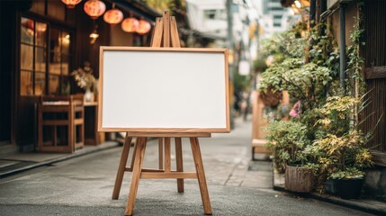Blank Signboard on Easel Stand Outdoor Restaurant Setting, Perfect for Menu, Promotion, Advertising
