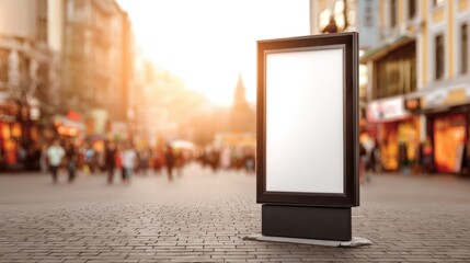 Blank Advertisement Billboard Mockup on City Street with Blurred People, Perfect for Outdoor Advertising Campaigns