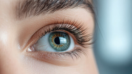 Obraz premium Close up of female eye showcasing vibrant blue iris and long eyelashes, highlighting beauty