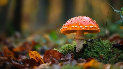 A red and white mushroom growing in a bed of moss and leaves.