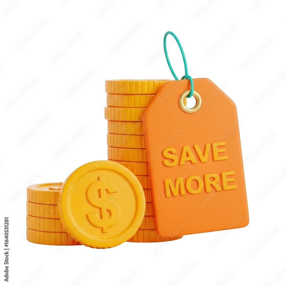 Poster 3d stack of gold coins with a save more tag isolated on transparent background