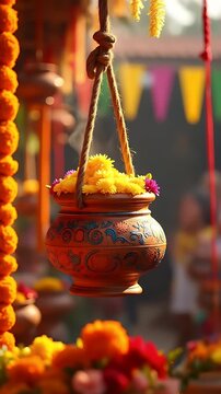 Beautifully decorated clay pot (matki) filled with butter and flowers, hanging from a rope, surrounded by marigold garlands and colorful bunting, festive celebration of Janmashtami, 