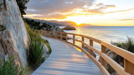 Obraz premium Scenic cliff walkway glows with sunset rays near rocky coast, creating tranquil atmosphere