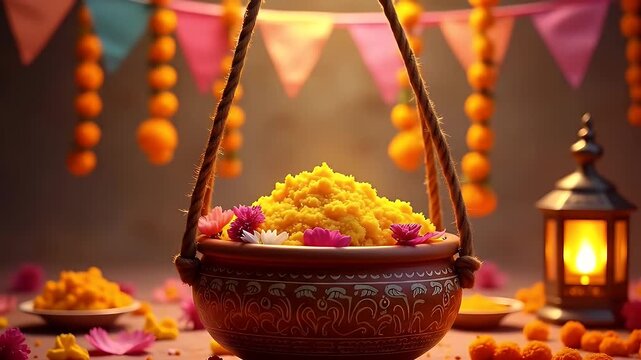 Beautifully decorated clay pot (matki) filled with butter and flowers, hanging from a rope, surrounded by marigold garlands and colorful bunting, festive celebration of Janmashtami, 