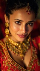 Authentic Dussehra and Diwali Portrait of Woman in Embroidered Lehenga with Traditional Gold Jewelry for Premium Festive Marketing Campaigns and Autumn Celebrations