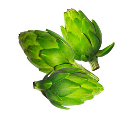 artichokes, three green vegetables isolated on transparent background.