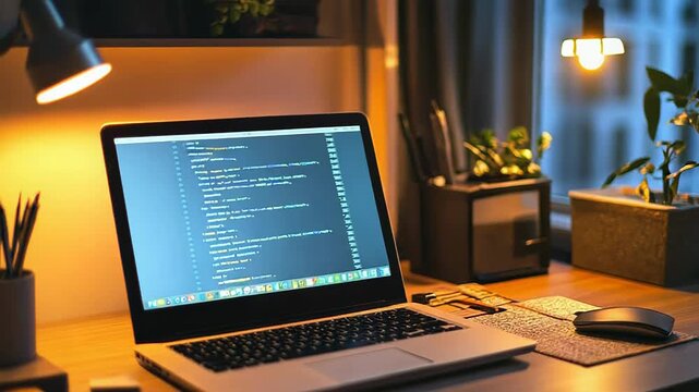 Modern cozy home office setup with laptop showing code on screen at night