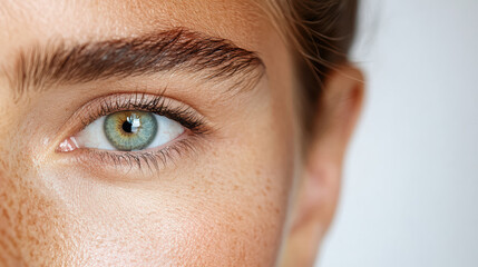 Close up of woman eye showcasing vibrant green iris, detailed eyelashes, and freckles
