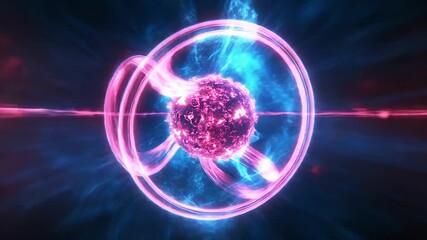 Glowing plasma ball rotating with blue and pink trails of light energy - Powered by Adobe